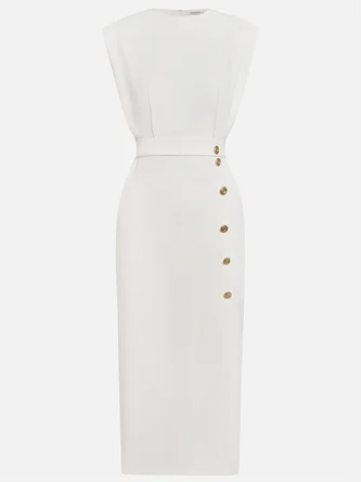 Elegant Solid Color Round Neck Sleeveless Slit Midi Dress