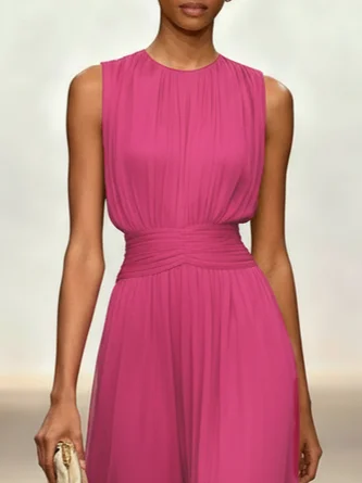 Elegant Solid Color Fitted Waist Round Neck Sleeveless Midi Dress