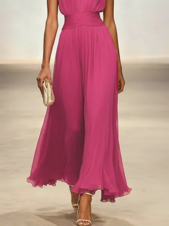 Elegant Solid Color Fitted Waist Round Neck Sleeveless Midi Dress