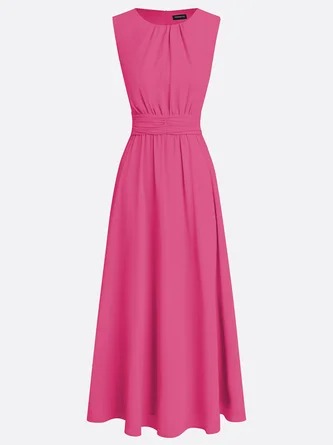 Elegant Solid Color Fitted Waist Round Neck Sleeveless Midi Dress
