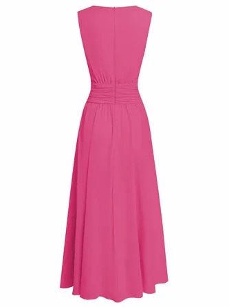 Elegant Solid Color Fitted Waist Round Neck Sleeveless Midi Dress