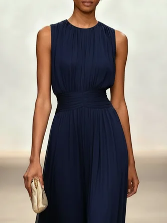 Elegant Solid Color Fitted Waist Round Neck Sleeveless Midi Dress