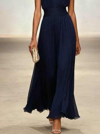Elegant Solid Color Fitted Waist Round Neck Sleeveless Midi Dress