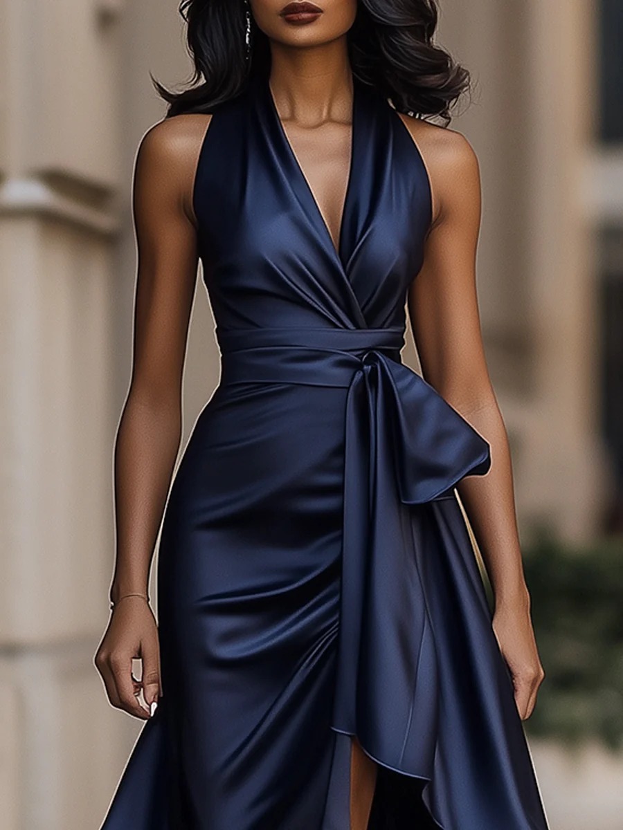 Elegant V-neck Irregular Ruffle Midi Dress