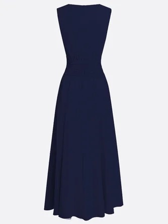 Elegant Solid Color Fitted Waist Round Neck Sleeveless Midi Dress