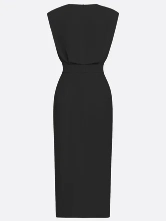 Elegant Solid Color Round Neck Sleeveless Slit Midi Dress