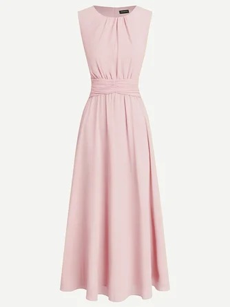 Elegant Solid Color Fitted Waist Round Neck Sleeveless Midi Dress