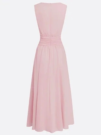 Elegant Solid Color Fitted Waist Round Neck Sleeveless Midi Dress
