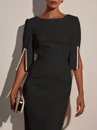 Elegant Solid Color Round Neck Midi Dress