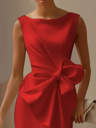 Women's Fashion Bow Sleeveless Solid Color Midi Dress