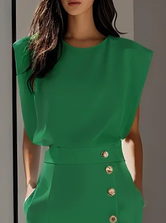 Elegant Solid Color Round Neck Sleeveless Slit Midi Dress