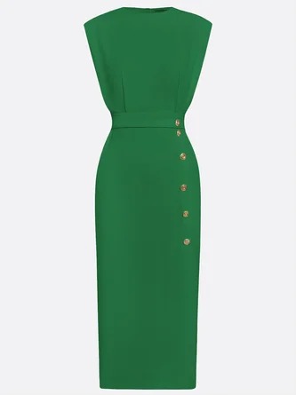 Elegant Solid Color Round Neck Sleeveless Slit Midi Dress