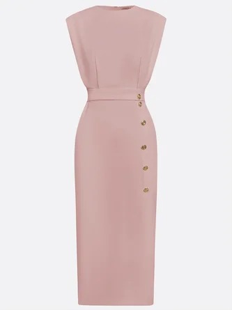 Elegant Solid Color Round Neck Sleeveless Slit Midi Dress