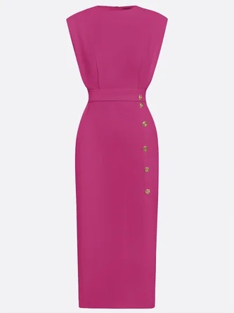 Elegant Solid Color Round Neck Sleeveless Slit Midi Dress