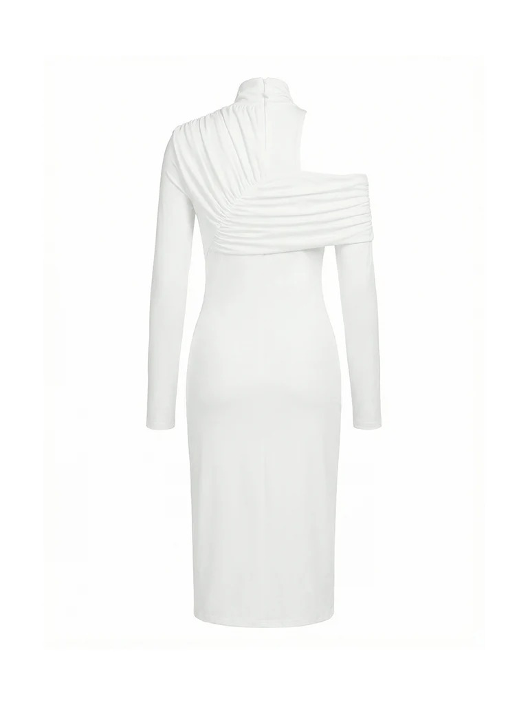 Elegant Solid Color Slim Fit Asymmetrical Neckline Ruched Dress