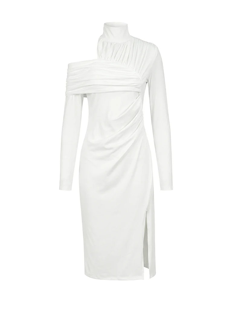 Elegant Solid Color Slim Fit Asymmetrical Neckline Ruched Dress