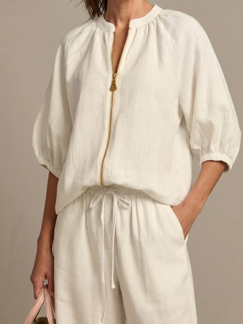 Vacation Loose-fitting Solid Color Zippered Round Neck Wide-leg Pants Suit