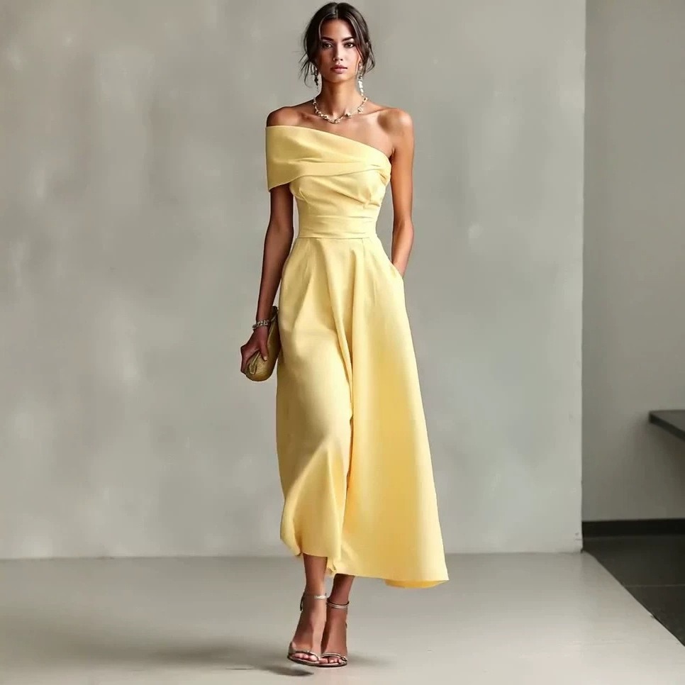 Women's Solid Color Waist Sloping Neck Backless Elegant Dress