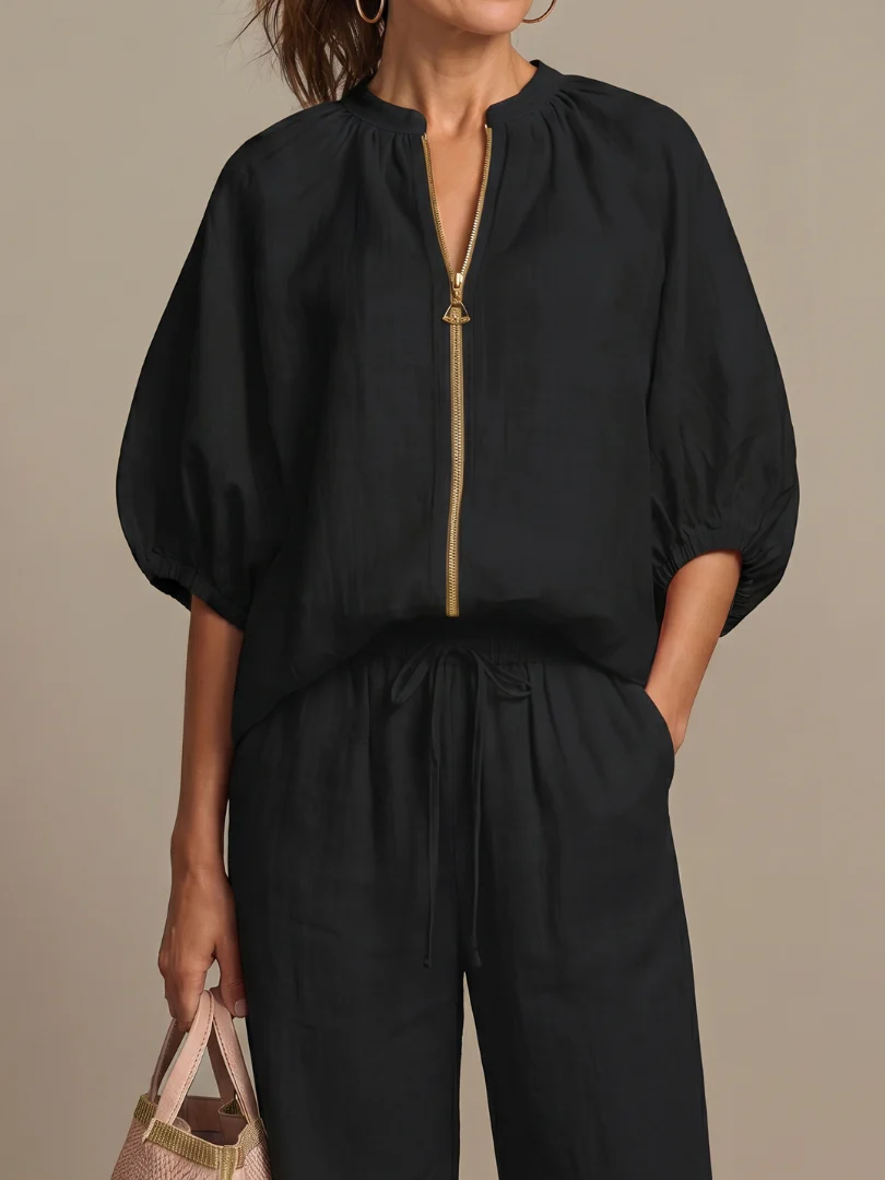 Vacation Loose-fitting Solid Color Zippered Round Neck Wide-leg Pants Suit