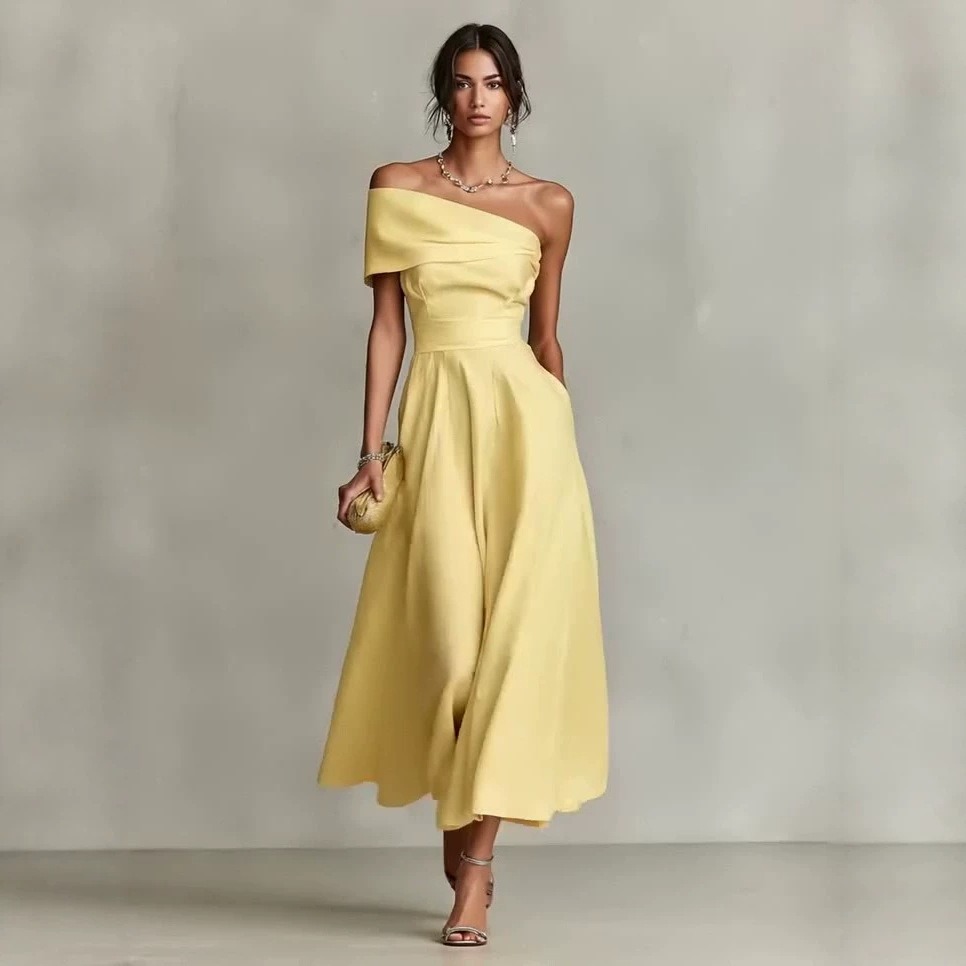 Women's Solid Color Waist Sloping Neck Backless Elegant Dress