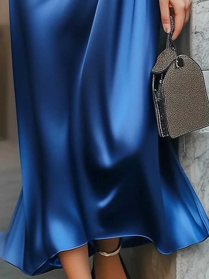 Elegant V-neck Short-sleeved Solid Satin Midi Dress
