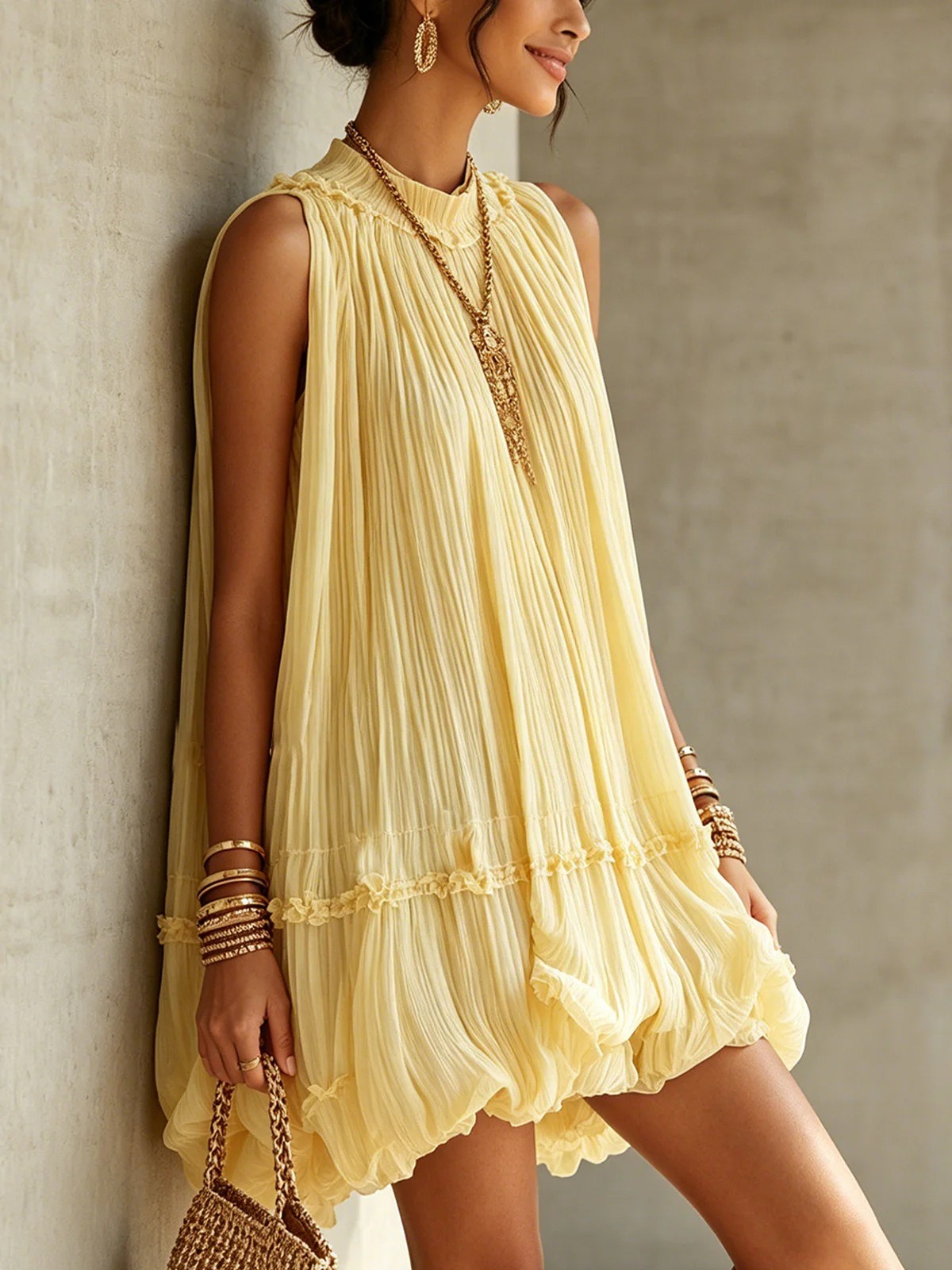 Elegant Sleeveless Pleated Ruffles Mini Dress