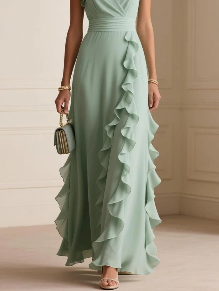 Solid Color Pleated Ruffles V-neck Maxi Dress