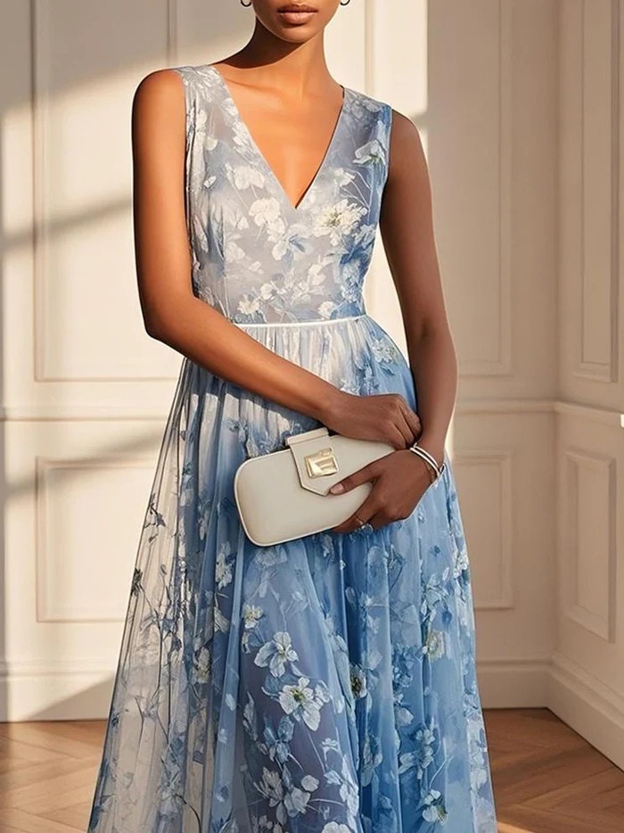 Elegant Chiffon Floral Print Sleeveless Dress