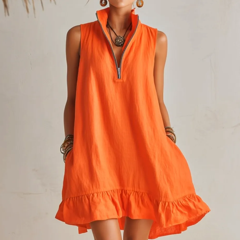 Vacation Solid Color Sleeveless V-neck Ruffled Hem Mini Dress