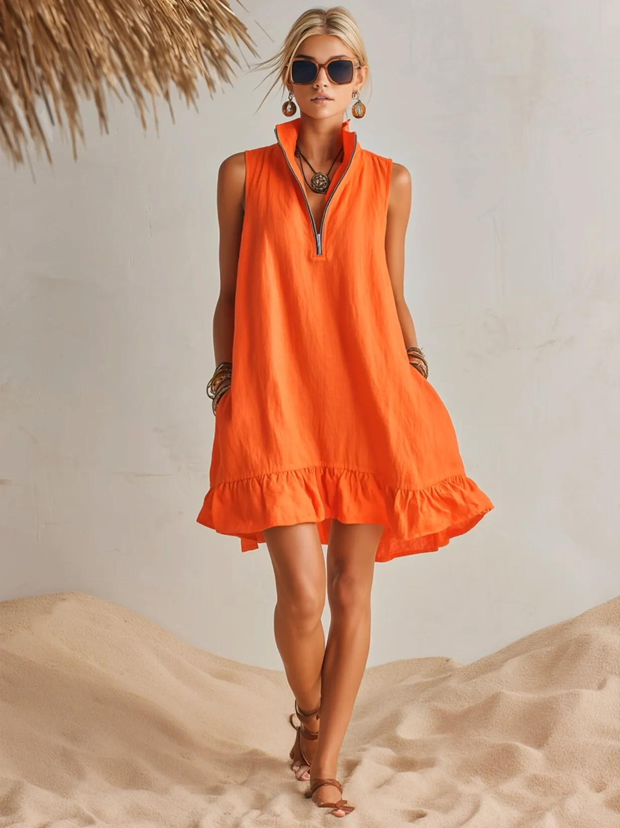 Vacation Solid Color Sleeveless V-neck Ruffled Hem Mini Dress