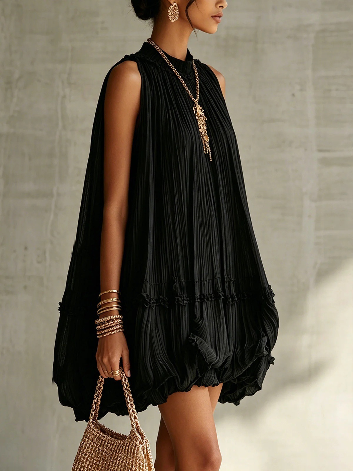Elegant Sleeveless Pleated Ruffles Mini Dress