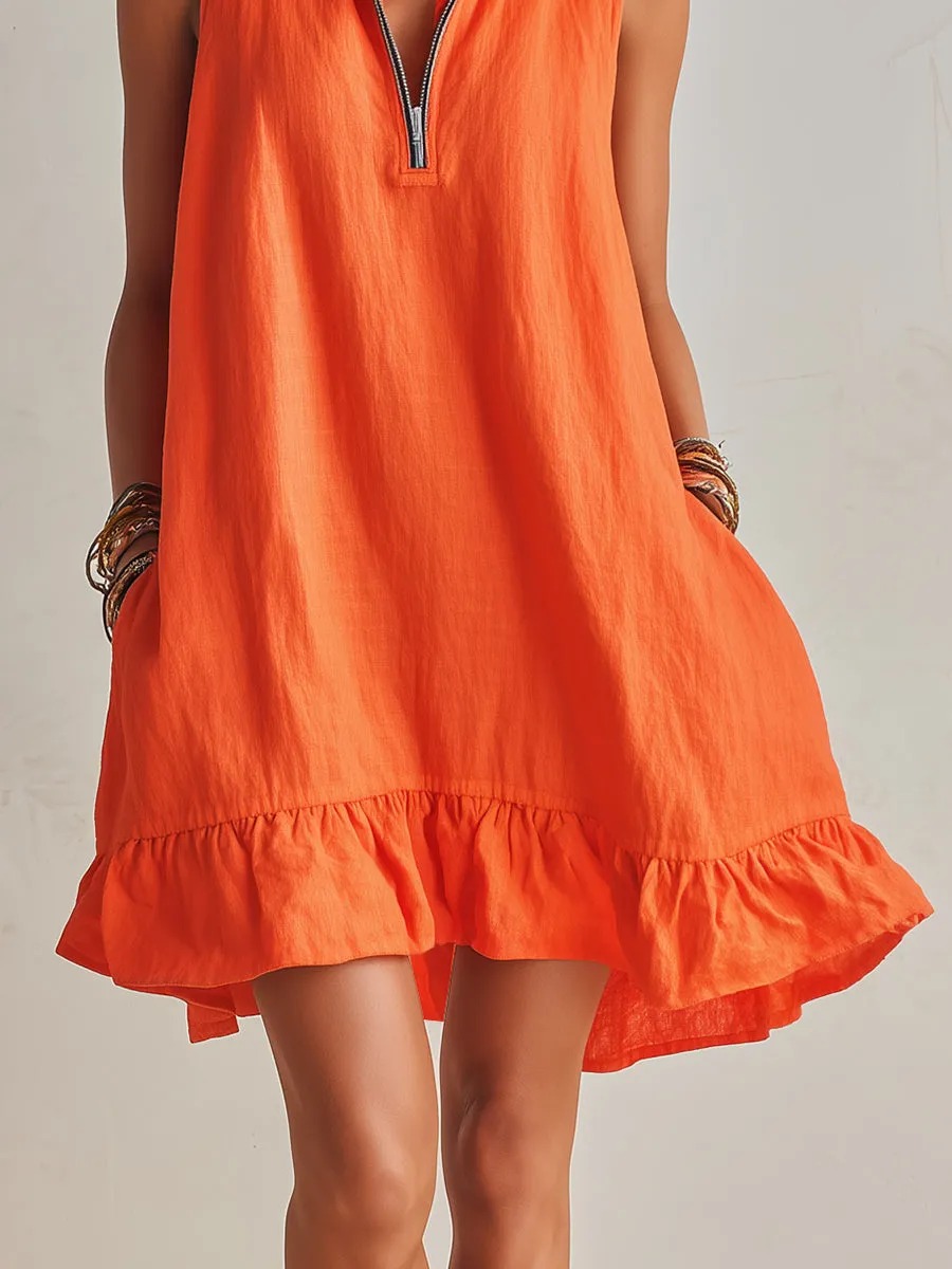 Vacation Solid Color Sleeveless V-neck Ruffled Hem Mini Dress
