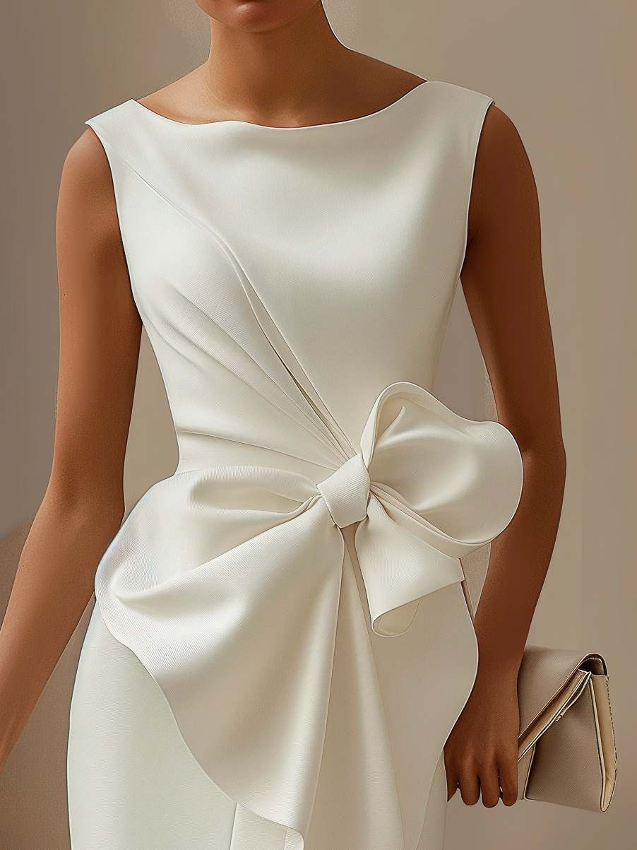 Women's Fashion Bow Sleeveless Solid Color Midi Dress