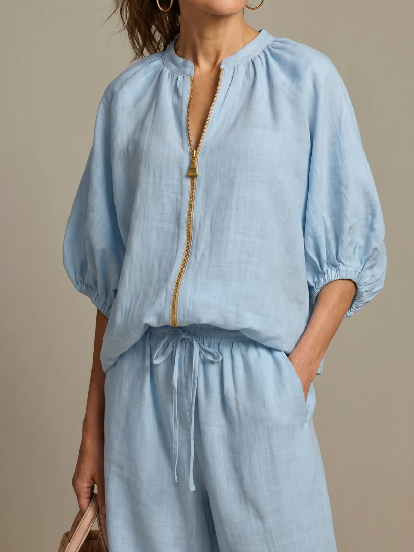 Vacation Loose-fitting Solid Color Zippered Round Neck Wide-leg Pants Suit