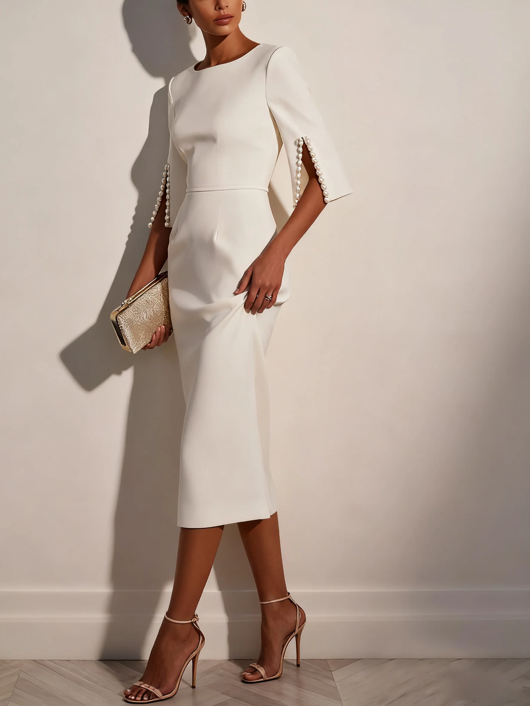 Elegant Solid Color Round Neck Midi Dress
