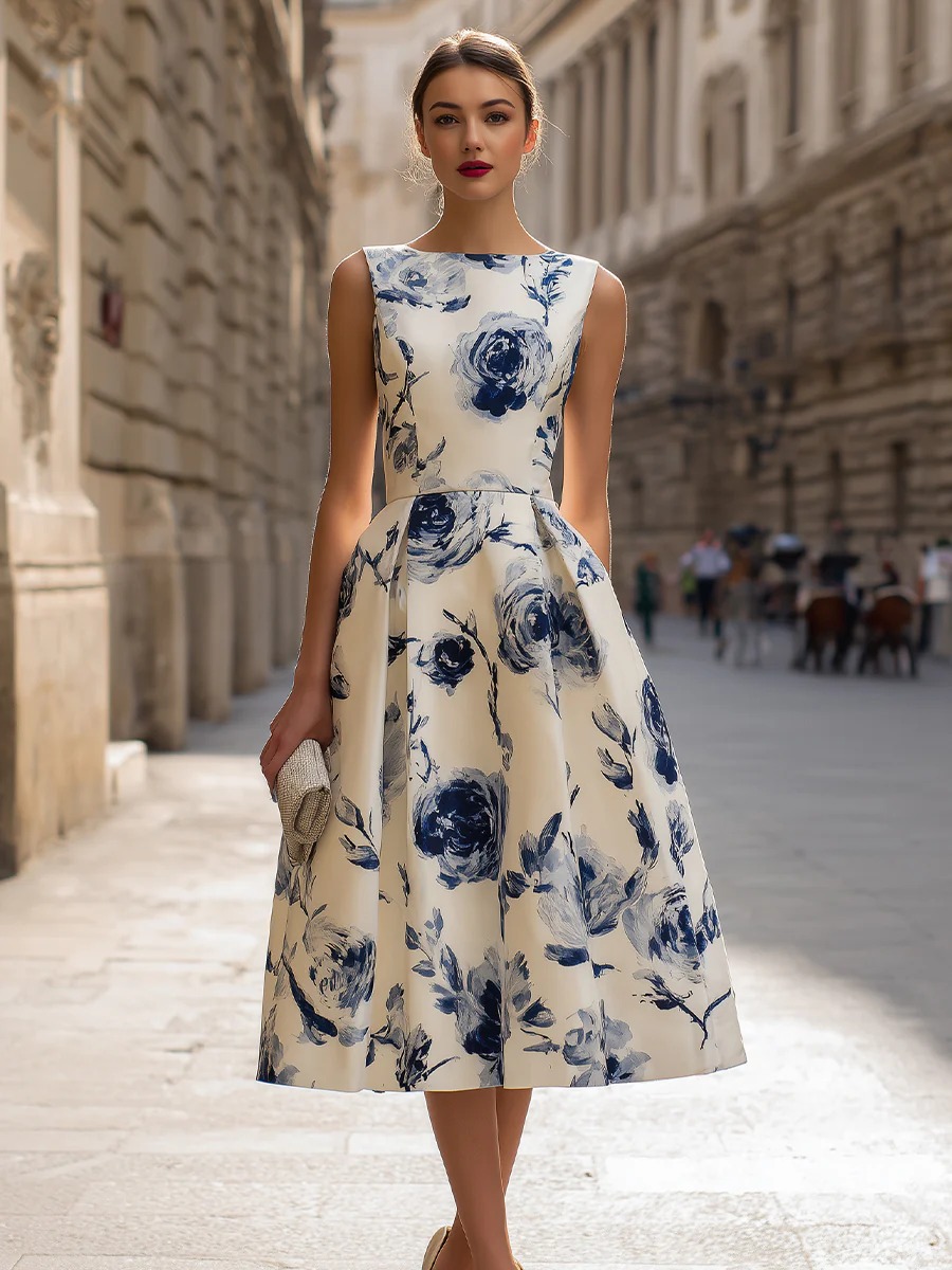Elegant Rose Print Sleeveless Slim Dress
