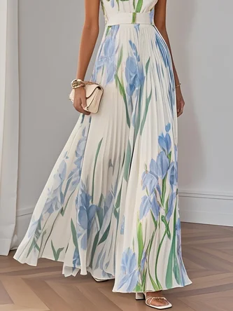 Elegant Floral Pattern Sleeveless Pleated Dress
