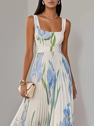 Elegant Floral Pattern Sleeveless Pleated Dress