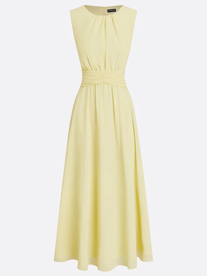 Elegant Solid Color Fitted Waist Round Neck Sleeveless Midi Dress