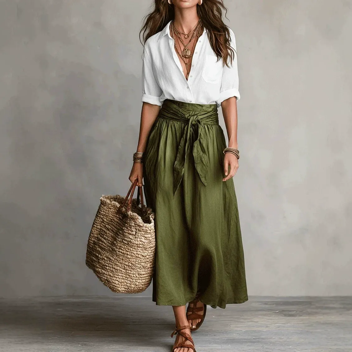 Retro  Two-piece Set Of Skirt And Shirt Maxi Dress