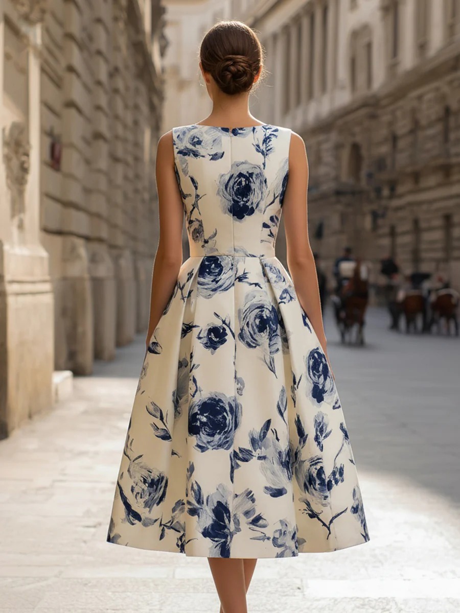 Elegant Rose Print Sleeveless Slim Dress