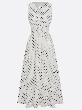 Women's French Style Waist-skimming Polka Dot Sleeveless Dress
