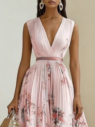 Women's Printed V-neck Sleeveless Fashion Pleated Dress