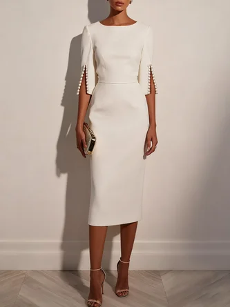 Elegant Solid Color Round Neck Midi Dress