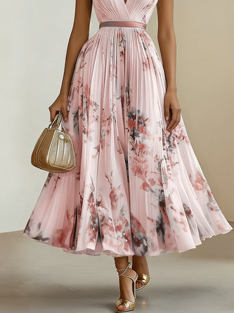 Women's Printed V-neck Sleeveless Fashion Pleated Dress