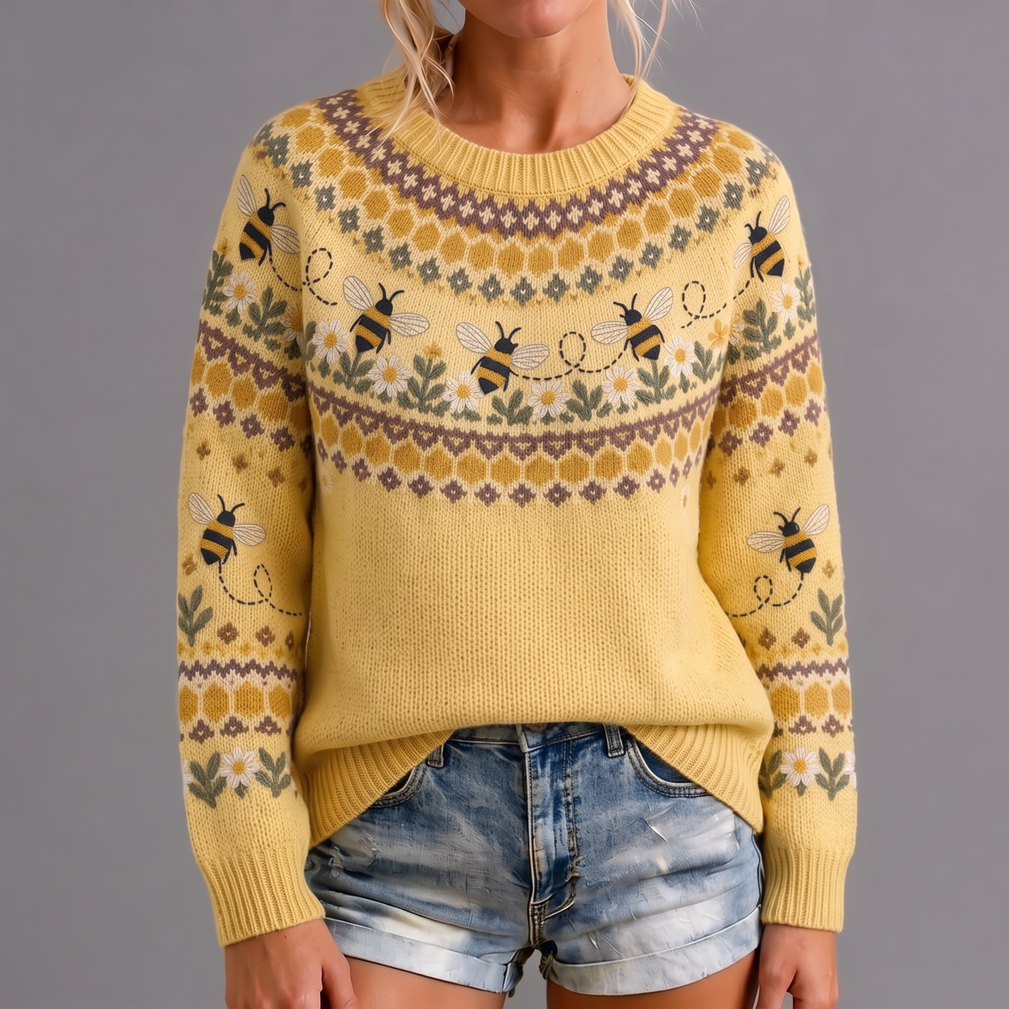 Women's Retro Cute Bee Ethnic Pattern Cozy Fair Isle Style Knit Sweater