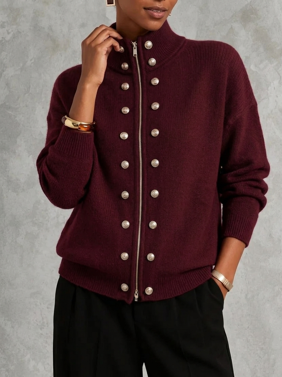 Stand Collar Double-breasted Zip-up Knit Cardigan