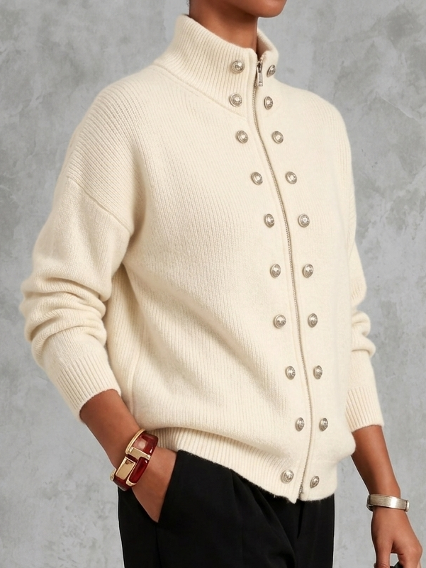 Stand Collar Double-breasted Zip-up Knit Cardigan