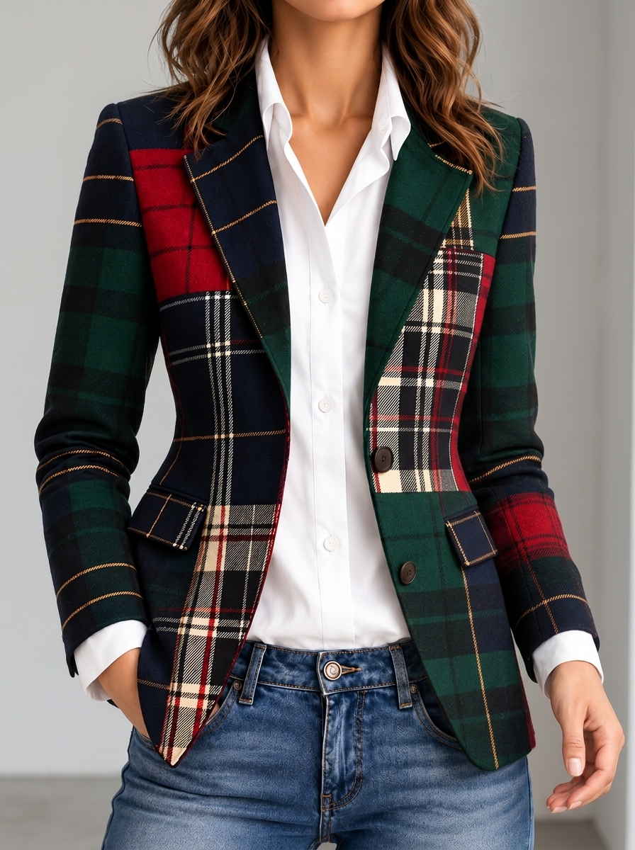 Women's British-style Colorful Plaid Printed Blazer