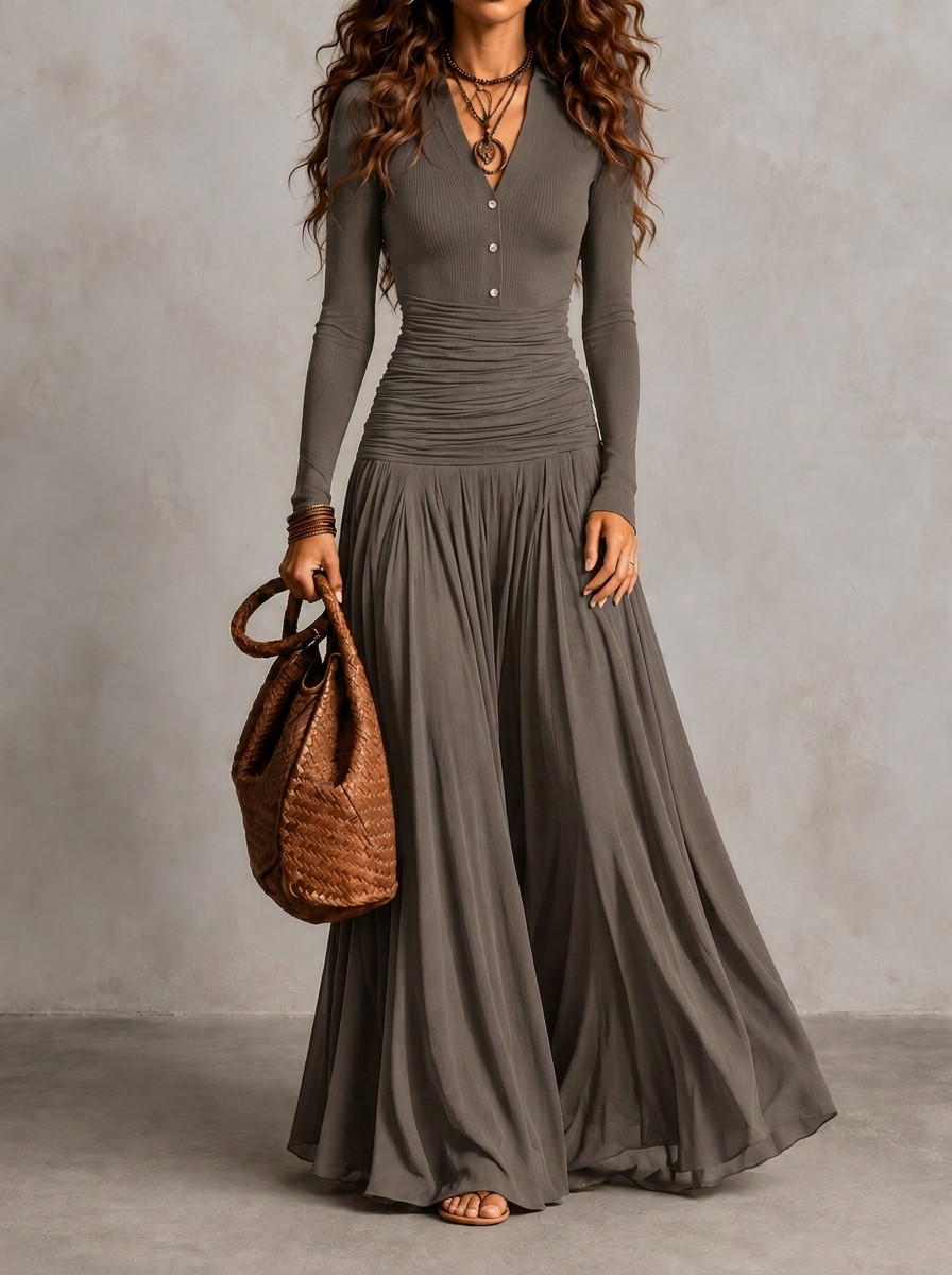 Retro  V-neck Long-sleeve Knit Dress With Ruching Maxi Dress